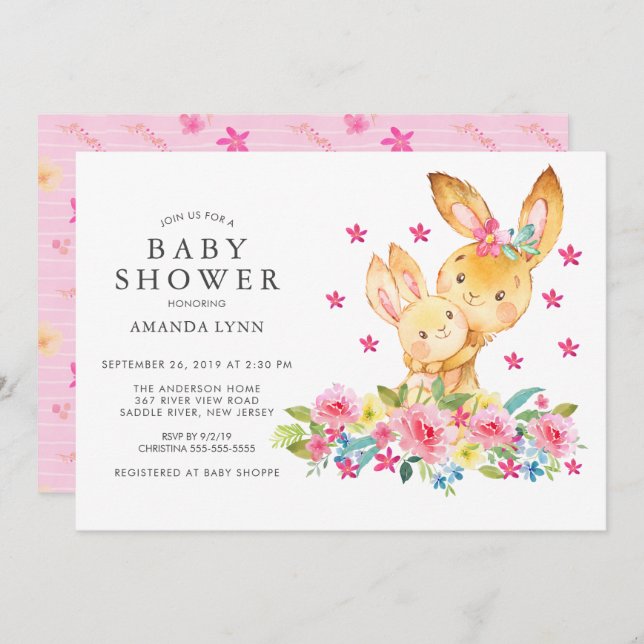 Aquarell Floral Mama Baby Bunny Baby Girl Dusche Einladung (Vorne/Hinten)
