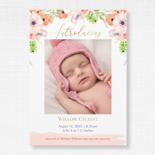 Aquarell Floral Pink Baby Girl Foto Geburt Ankündigung