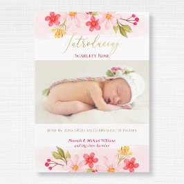 Aquarell Floral Pink Baby Girl Foto Geburt Ankündigung