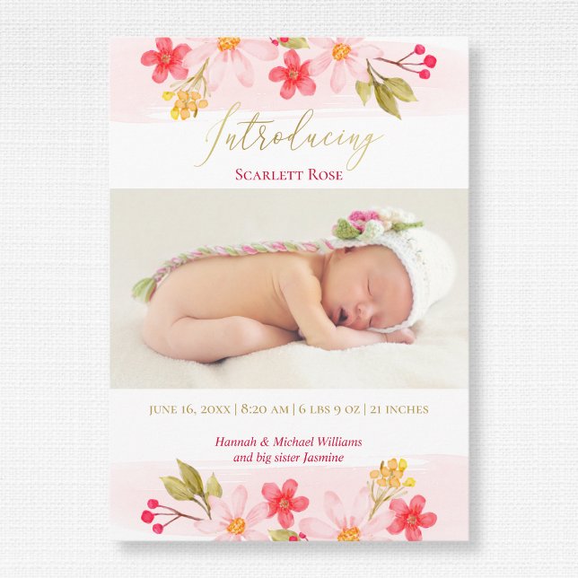 Aquarell Floral Pink Baby Girl Foto Geburt Ankündigung (Von Creator hochgeladen)