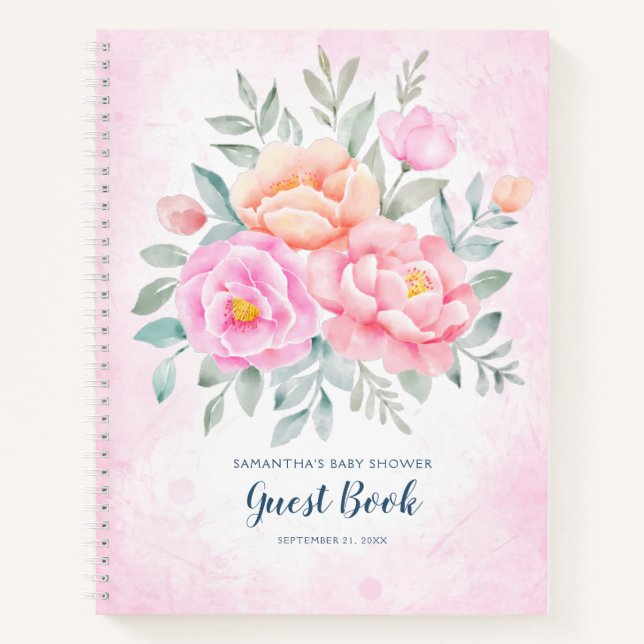 Aquarell Floral Pink Babydusche Gästebuch Notizbuch (Vorderseite)