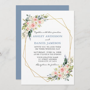 Aquarell Floral Pink Dusty Blue Wedding Geo Einladung