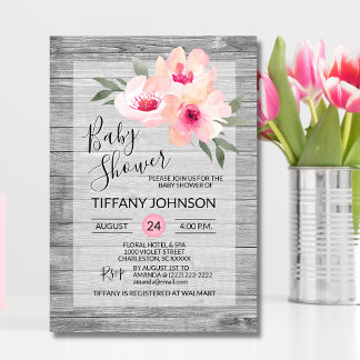 Aquarell Floral Pink Grau Rustikale Babydusche Einladung