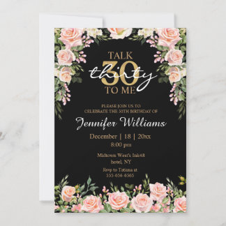 Aquarell floral rosé pink 30. Geburtstag schwarz Einladung