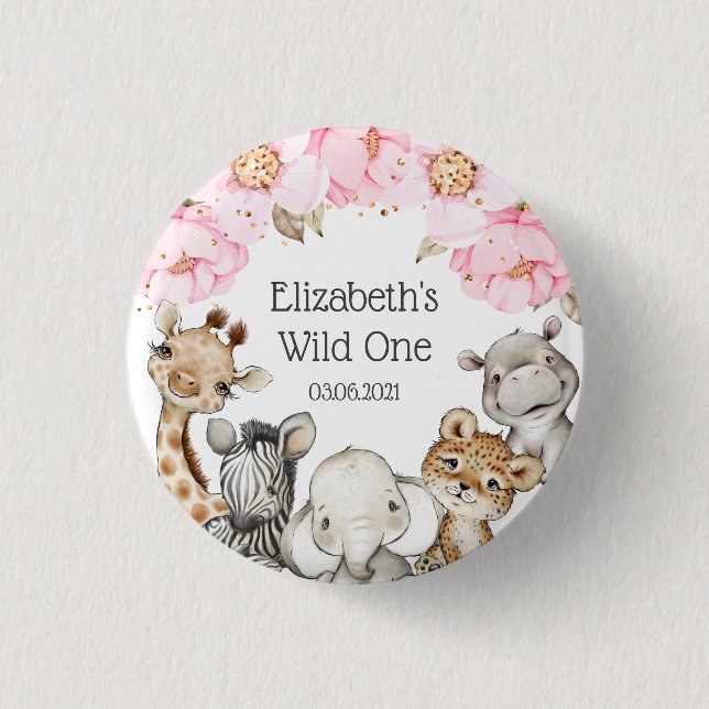 Aquarell Floral Safari Tiere Peony Birthday Bu Button (Vorderseite)