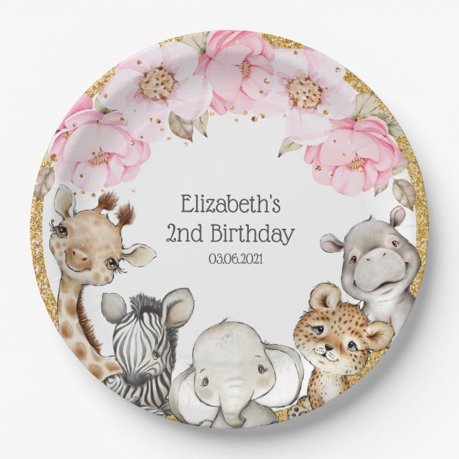 Aquarell Floral Safari Tiere Peony Birthday Pappteller (Vorderseite)