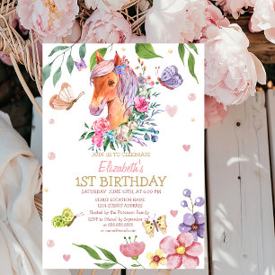 Aquarell Floral Schmetterling Pony Streifen Geburt Einladung
