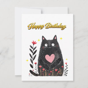 Aquarell Floral Schwarze Katze Rosa Herz Geburtsta Feiertagskarte