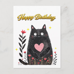 Aquarell Floral Schwarzkatze Rosa Herz Geburtstag Postkarte