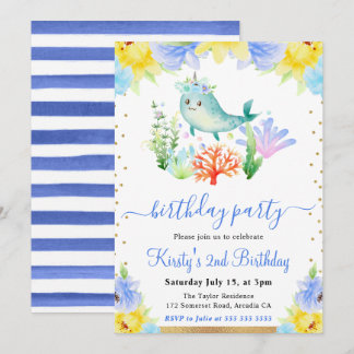 Aquarell Floral Unterwasser Narwhal Geburtstag Einladung