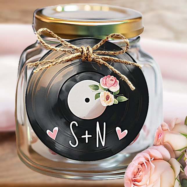 Aquarell Floral Vinyl Record Vielen Dank Geschenkanhänger (A beautiful, floral vinyl record favor tag monogrammed with the initials of the bride and groom. )