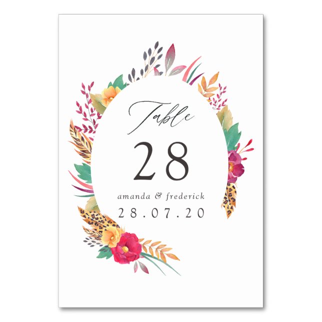 Aquarell Florale Safari-Hochzeit Tischnummer (Vorderseite)