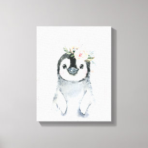 Aquarell Florales Baby Pinguin Schneetiere Leinwanddruck