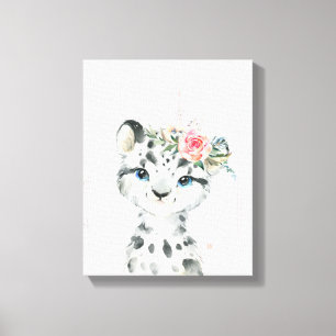 Aquarell Florales Baby-Schneeleopard Leinwanddruck