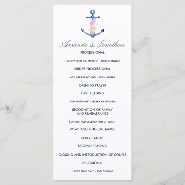 Aquarell Florales Nautisches Hochzeitsprogramm Programm (Vorderseite)