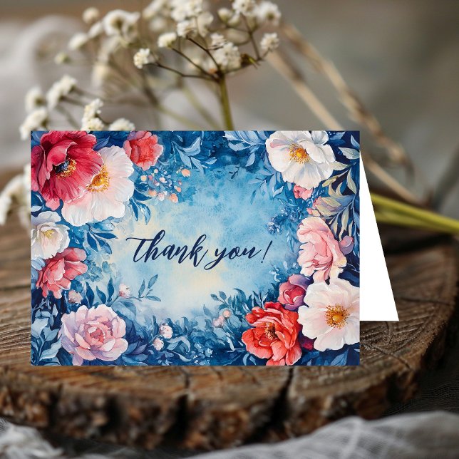 Aquarell Florals Pink Blue CUSTOM Dankeskarte (Watercolor Florals Pink Blue CUSTOM Thank You Card
)