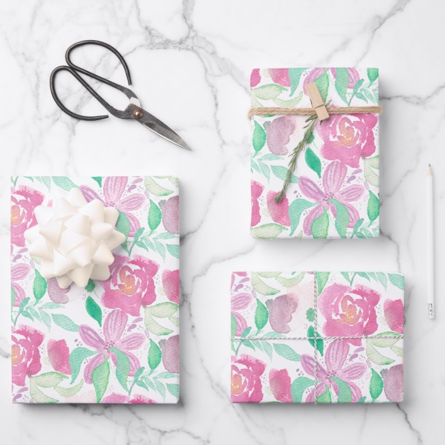 Aquarell Florals Rosenrosen Handgemalte Muster Geschenkpapier Set (Vorderseite)