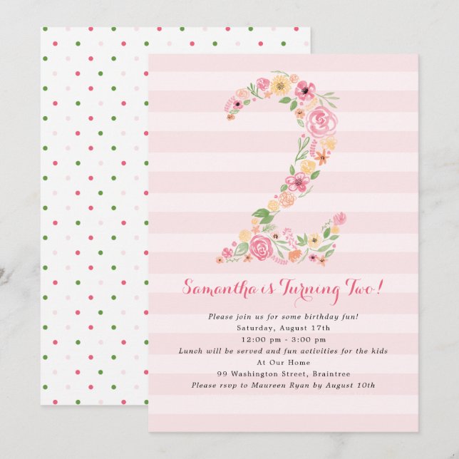 Aquarell Florals zwei zweite Geburtstage Einladung (Vorne/Hinten)