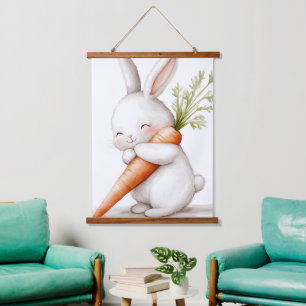 Aquarell Fluffiger Hase Karotten Liebe Wandteppich Mit Holzrahmen
