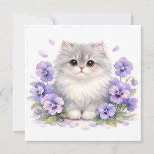 Aquarell Fluffiges Kätzchen mit violetten Stiefmüt Karte