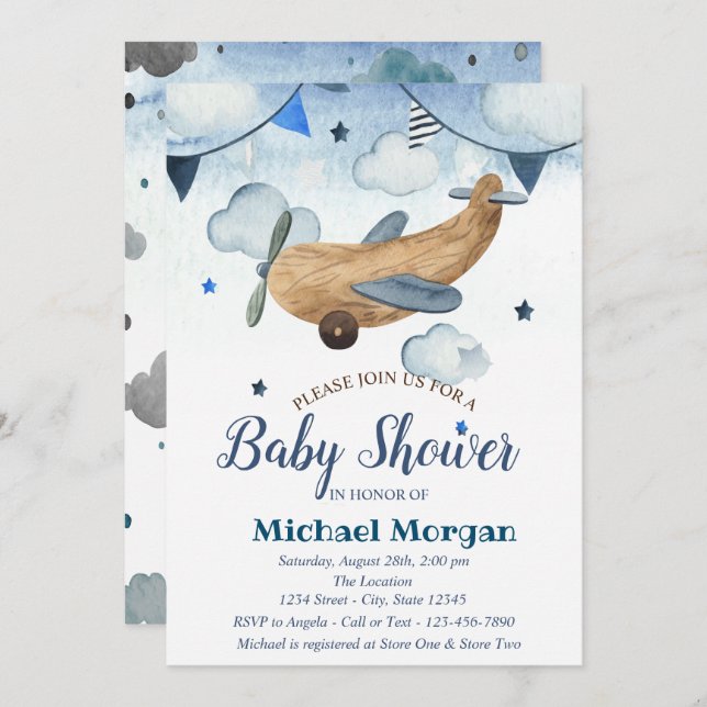 Aquarell-Flugzeugspielzeug, Sterne, WolkenBabydusc Einladung (Vorne/Hinten)