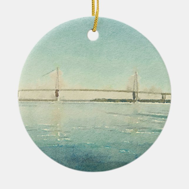 Aquarell-Fluss-Brücke Charleston South Carolina Keramik Ornament (Vorne)