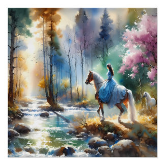 Aquarell Fluss Reiterin Wald Licht Poster