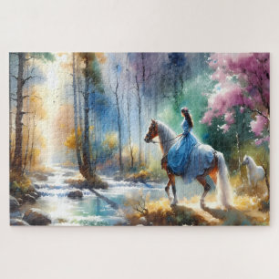 Aquarell Fluss Reiterin Wald Licht Puzzle