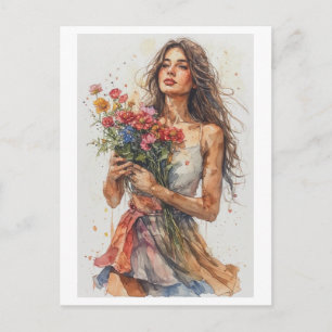 Aquarell Frau mit Blumen auf einem  Feiertagspostkarte