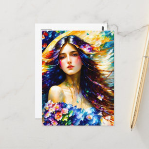 Aquarell Frau mit Blumen Postkarte
