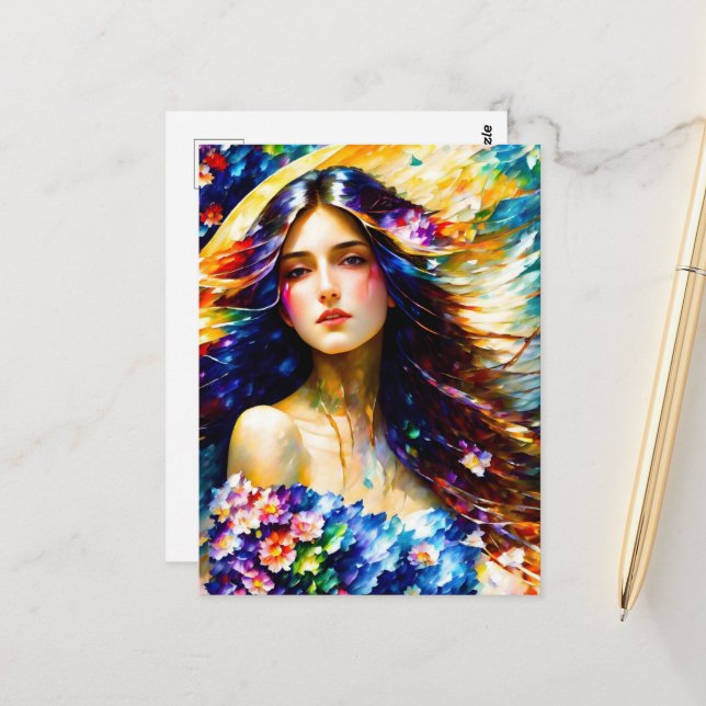 Aquarell Frau mit Blumen Postkarte (Vorderseite/Rückseite Beispiel)