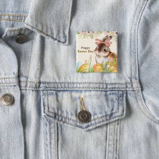 Aquarell Frohe Ostern Floraler Hase mit Schleife Button