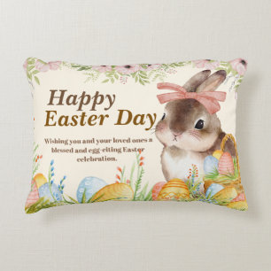 Aquarell Frohe Ostern Floraler Hase mit Schleife Dekokissen