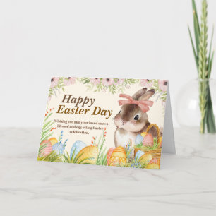 Aquarell Frohe Ostern Floraler Hase mit Schleife Feiertagskarte