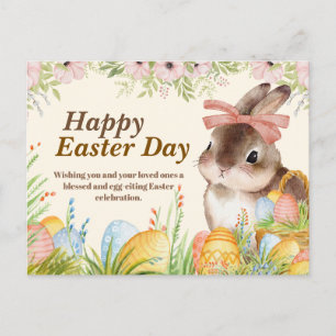 Aquarell Frohe Ostern Floraler Hase mit Schleife Feiertagspostkarte