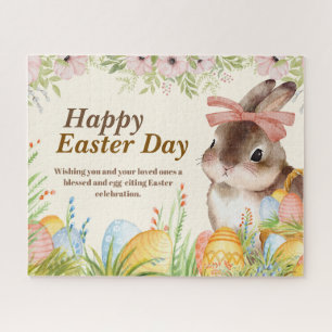 Aquarell Frohe Ostern Floraler Hase mit Schleife Puzzle