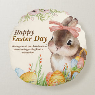 Aquarell Frohe Ostern Floraler Hase mit Schleife Rundes Kissen