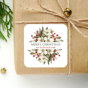 Aquarell Frohe Weihnachten Floral Magnolie Beeren Quadratischer Aufkleber