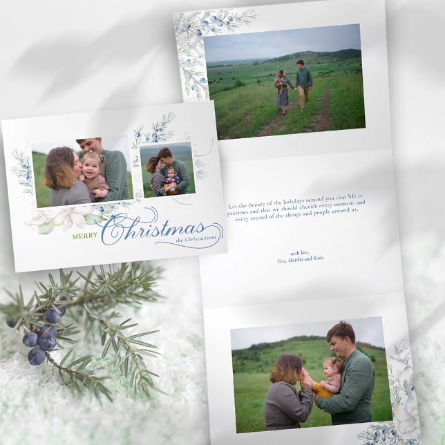 Aquarell Frohe Weihnachts-Script Juniper-Foto Dreifach Gefaltete Urlaubskarte (Von Creator hochgeladen)