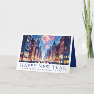 Aquarell Frohes Neues Jahr New York City Feuerwerk Feiertagskarte