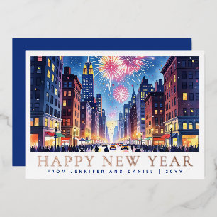 Aquarell Frohes Neues Jahr New York City Feuerwerk Folien Feiertagskarte