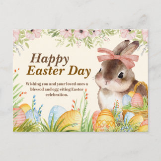 Aquarell-Fröhlicher-Osterhase-mit-Schleife Feiertagspostkarte