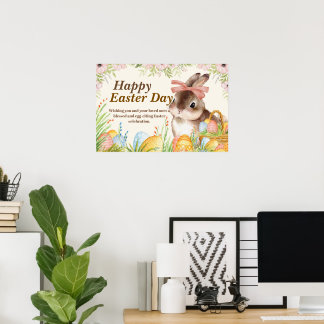 Aquarell-Fröhlicher-Osterhase-mit-Schleife Poster