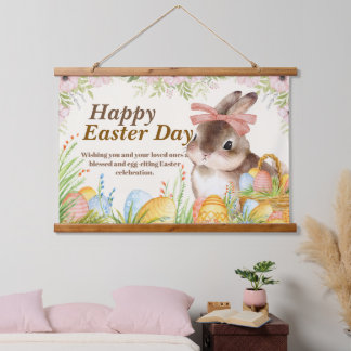 Aquarell-Fröhlicher-Osterhase-mit-Schleife Wandteppich Mit Holzrahmen