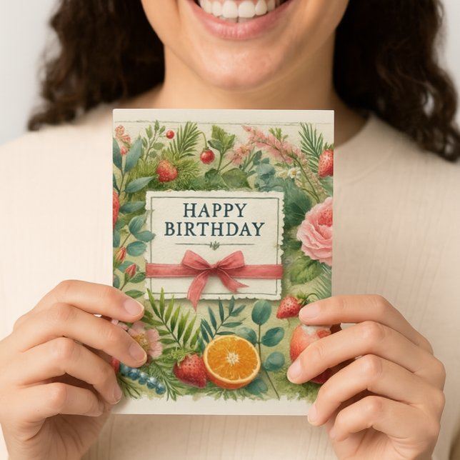 Aquarell Frucht Blume Grüne Happy Geburtstag Karte (Botanical birthday cheer strawberries, roses, and pine frame a sweet wish with ribbon and bow )