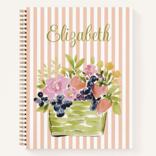 Aquarell-Früchte- und Blumenkorb auf Streifen Notizbuch