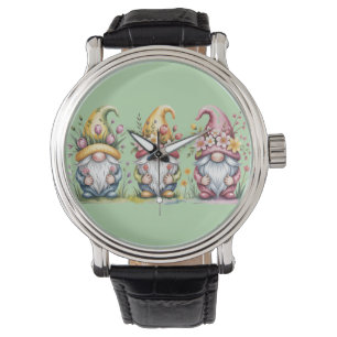Aquarell-Frühlings-Gnom-Trio mit floralen Hüten Armbanduhr