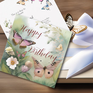 Aquarell-Frühlings-Schmetterling und Blumen-Geburt Karte