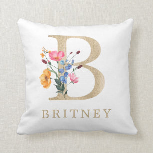 Aquarell-Frühlings-Wildblumen-Faux-Gold-Buchstabe  Kissen