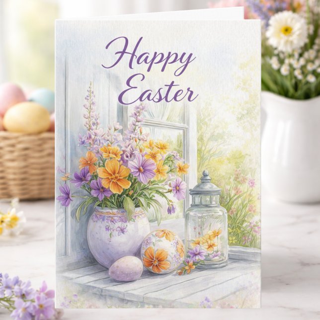 Aquarell-Frühlingsblumen Frohe Ostern Karte (Von Creator hochgeladen)